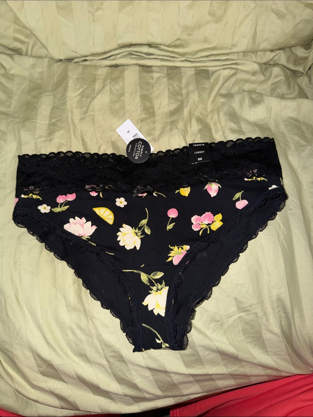 Black Floral Lace-Trim cheeky Panty with Pink & Yellow Blooms